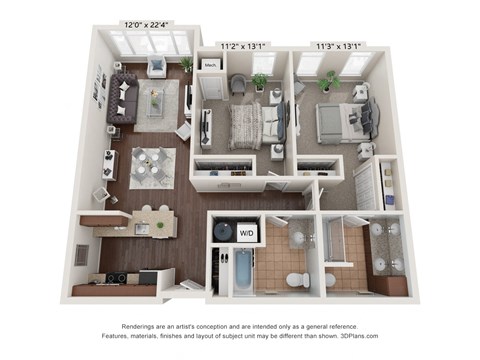 Floor plan for 2 beds, 2 baths, 1055 sqft